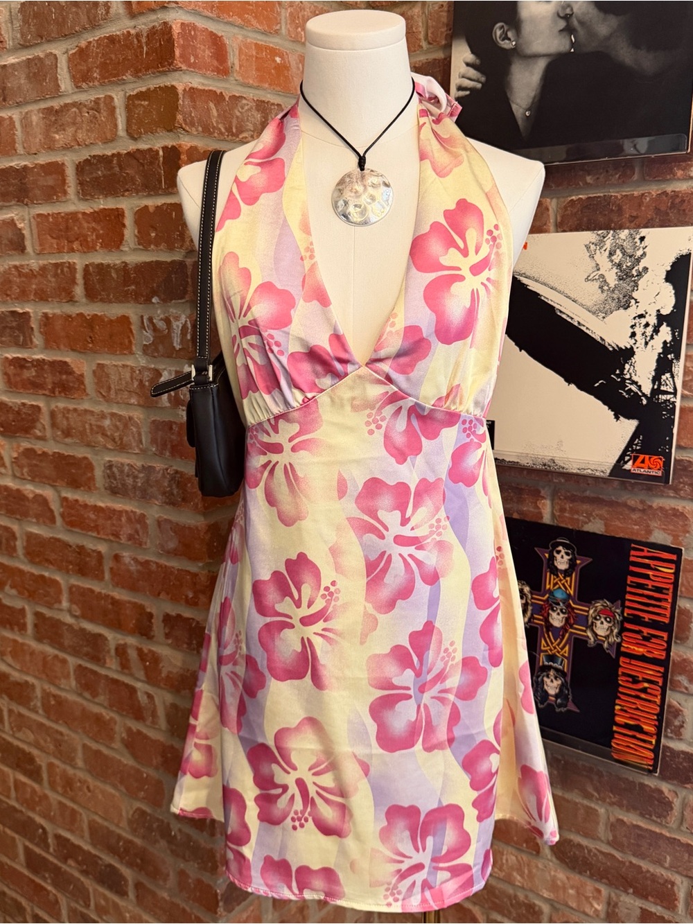pink & yellow floral print halter dress with pink hibiscus flowers and open back